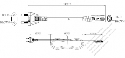 Korea 2-Pin Plug To IEC 320 C7 AC Power Cord Set Molding (PVC) 1.8M (1800mm) Black ( H03VVH2-F 2X 0.75mm² )