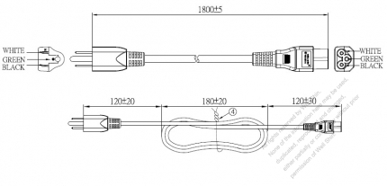 Taiwan 3-Pin Plug to IEC 320 C5 Power Cord Set (PVC) 1.8M (1800mm) Black  (VCTF 3X0.75MM )