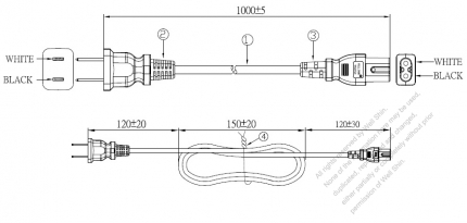 US/Canada 2-Pin NEMA 1-15P Plug to IEC 320 C7 Power Cord Set (PVC) 1 M (1000mm) Black  (NISPT-2 18/2C/60C )
