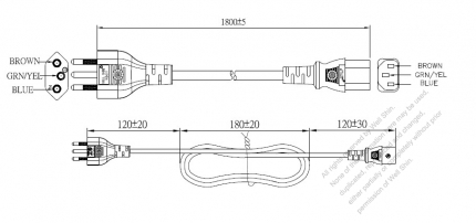 Brazil 3-Pin Plug To IEC 320 C13 AC Power Cord Set Molding (PVC) 1.8M (1800mm) Black ( H05VV-F 3G 0.75mm² )