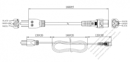 US/Canada 3-Pin NEMA 5-15P Plug To IEC 320 C5 AC Power Cord Set Molding (PVC) 1.8M (1800mm) Black (SVT 18/3C/60C )