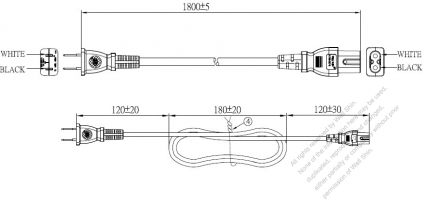 Taiwan 2-Pin Plug to IEC 320 C7 Power Cord Set (PVC) 1.8M (1800mm) Black  (VCTFK 2X0.75MM )