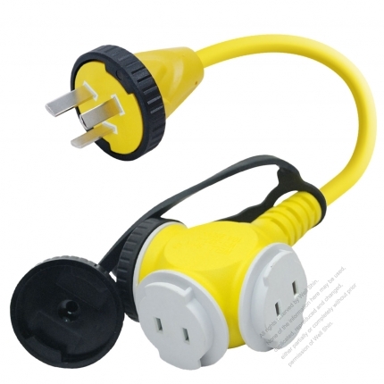 China 1 to 3 Locking Cord, 3-Pin to 2-Pin Receptacle x 3, 3*1.0MMSQ Yellow 0.3M (0.98 FT)