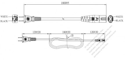 Japan 2-Pin Plug to IEC 320 C7 Power Cord Set (PVC) 1.8M (1800mm) Black  (VCTFK 2X0.75MM )