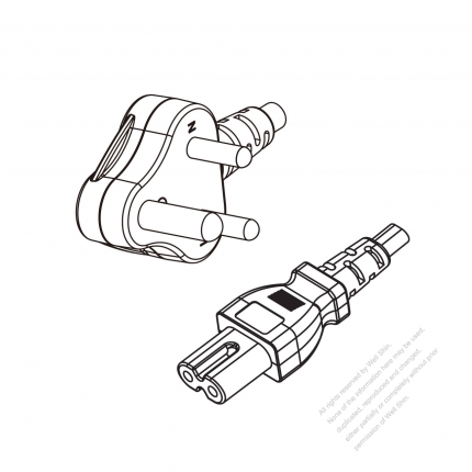 South Africa 2-Pin Angle Type Plug to IEC 320 C7 Power Cord Set (PVC) 1.8M (1800mm) Black  (H05VVH2-F 2X0.75MM )