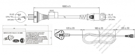 Argentina 3-Pin Plug To IEC 320 C13 AC Power Cord Set Molding (PVC) 1.8M (1800mm) Black ( H05VV-F 3G 0.75mm² ) 