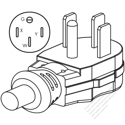 USA/Canada NEMA 14-50P 50AMP, 3 P/ 4 Wire Grounding, Elbow AC Plug, 125V/250V