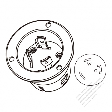 USA/Canada Locking Flanged Inlet NEMA L5-30P, 2 P 3 Wire Grounding, 30A 125V