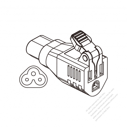 Adapter Plug, IEC 320 Sheet A inlet to NEMA 5-15R, 2 P, 3 Wire Grounding, 3 to 3-Pin 2.5A to 15A