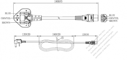 UK 3-Pin Plug to IEC 320 C5 Power Cord Set (PVC) 1.8M (1800mm) Black  (H05VV-F 3G 0.75MM2 )