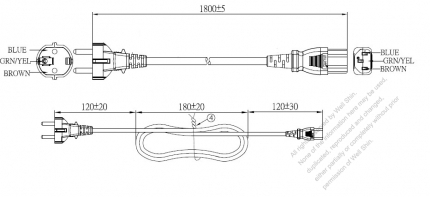 Europe 3-Pin Plug to IEC 320 C13 Power Cord Set (PVC) 1.8M (1800mm) Black  (H05VV-F 3G 0.75MM2 )