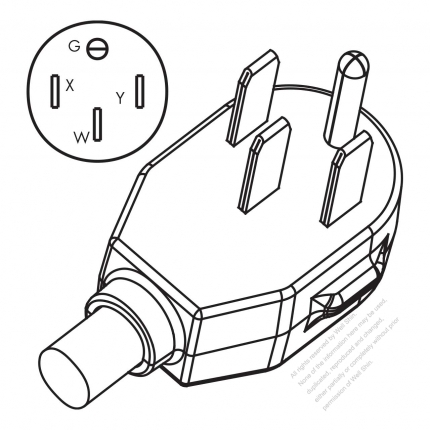 USA/Canada NEMA 14-50P 50AMP, 3 P/ 4 Wire Grounding, Elbow AC Plug, 125V/250V