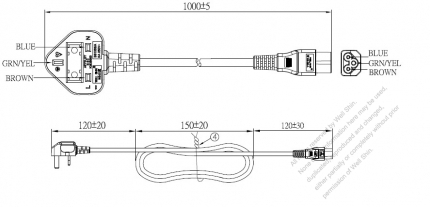 UK 3-Pin Plug to IEC 320 C5 Power Cord Set (PVC) 1 M (1000mm) Black  (H05VV-F 3G 0.75MM2 )