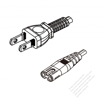 Japan 2-Pin Semi-Insulation Plug To IEC 320 C7 AC Power Cord Set Molding (PVC) 1.8M (1800mm) Black (VCTFK 2X 0.75mm² Flat )