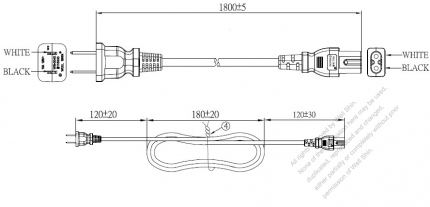 US/Canada 2-Pin NEMA 1-15P Plug to IEC 320 C7 Power Cord Set (PVC) 1.8M (1800mm) Black  (NISPT-2 18/2C/60C )