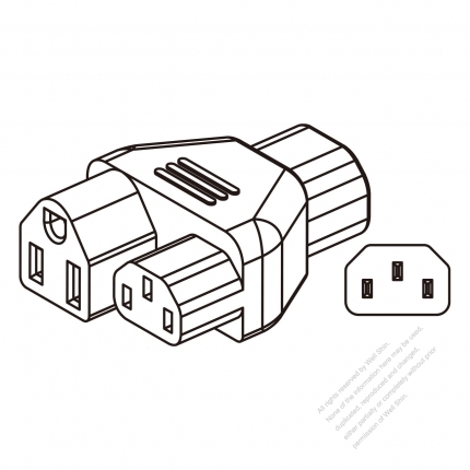 Adapter Plug, IEC 320 Sheet E Inlet to IEC 320 C13 & NEMA 5-15R, 3 to 3-Pin