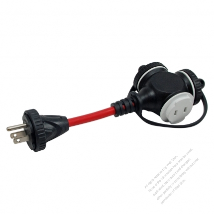 Japan 1 to 3 Locking Cord, 3-Pin NEMA 5-15P Plug to 2-Pin 1-15R Receptacle x 3, 3*2.0MMSQ Red 0.3M (0.98 FT)