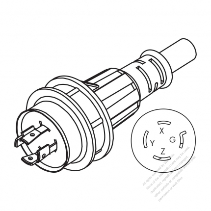 USA/Canada Marine shore AC Plug, NEMA L15-20P Twist Locking, 3 P/ 4 Wire Grounding 20A, 3Ø 250V