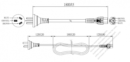 China 3-Pin Plug To IEC 320 C5 AC Power Cord Set Molding (PVC) 1.8M (1800mm) Black (60227 IEC 53 3*0.75mm² )