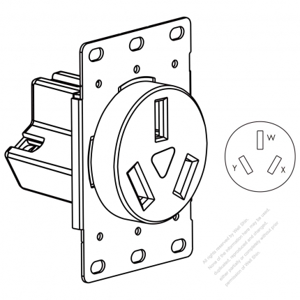 USA/Canada Flush Mount Receptacle NEMA 10-50R, 2 P 3 Wire Grounding 50A 125V/250V