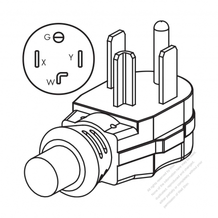 USA/Canada NEMA 14-30P 30AMP, 3 P/ 4 Wire Grounding, Elbow AC Plug, 125V/250V