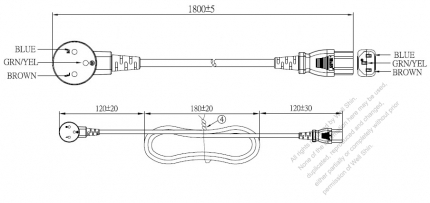 Israel 3-Pin Angle Type Plug to IEC 320 C13 Power Cord Set (PVC) 1.8M (1800mm) Black  (H05VV-F 3G 0.75mm² )
