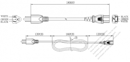 Taiwan 3-Pin Plug to IEC 320 C13 Power Cord Set (PVC) 1.8M (1800mm) Black  (VCTF 3X0.75MM )