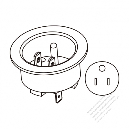 USA/Canada NEMA 5-15P Flanged Inlet, 2 P 3 Wire Grounding 15A 125V