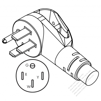 USA/Canada NEMA 14-50P 50AMP, 3 P/ 4 Wire Grounding, Elbow AC Plug, 125V/250V