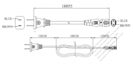 China 2-Pin Plug To IEC 320 C7 AC Power Cord Set Molding (PVC) 1.8M (1800mm) Black (60227 IEC 52 2X 0.75mm² )