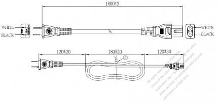 Japan 2-Pin Plug to IEC 320 C7 Power Cord Set (PVC) 1.8M (1800mm) Black  (VCTFK 2X0.75MM )
