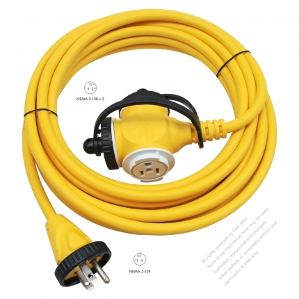 USA 3 Pin Locking Cord NEMA 5-15P Plug /5-15R Receptacle x 3 （2.0MMSQ）Yellow 25 or 50 FT (7.62 or 15.24M)