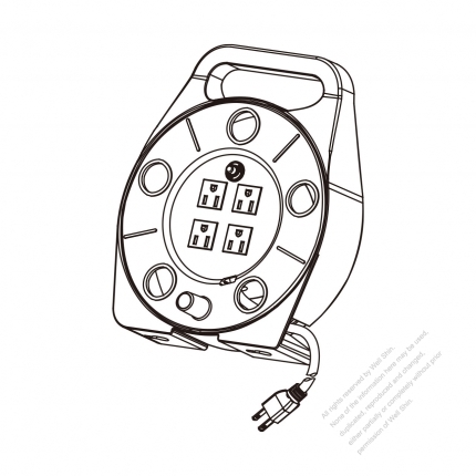 Quad-Plug Tap Cord Reel, NEMA  5-15P Plug, 5-15R X 4 Grounded Outlet , 10Amp Circuit Breaker, 25FT SJTW 16AWG/3C Cord