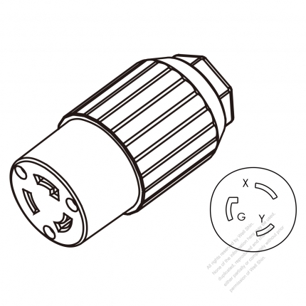 USA/Canada Twist-Lock Connector 	(NEMA L6-20R)  3-Pin Straight, bladed grab cord type. 2 P, 3 Wire Grounding, Max grip Cable OD ø16.5mm.20A 250V