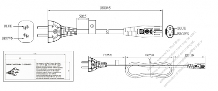 Argentina 2-Pin Plug To IEC 320 C7 AC Power Cord Set Molding (PVC) 1.8M (1800mm) Black ( H03VVH2-F 2X 0.75mm² )