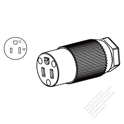 USA/Canada Connector 	(NEMA 5-15R) 3-Pin Straight, bladed grab cord type. 2 P, 3 Wire Grounding, Max grip Cable OD ø9.3mm.15A 125V