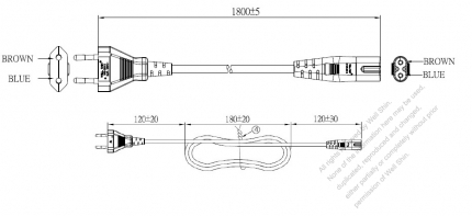 Israel 2-Pin Plug to IEC 320 C7 Power Cord Set (PVC) 1.8M (1800mm) Black  (H03VVH2-F 2X0.75MM )