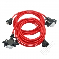 USA 3 Pin Locking Cord NEMA 5-15P Plug /5-15R Receptacle x 3（1.25MMSQ）Red 25 or 50 FT (7.62 or 15.24M)