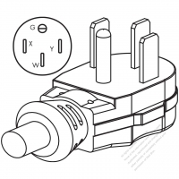 USA/Canada RV AC Plug, NEMA 14-50P, 3 P/ 4 Wire Grounding, Elbow 50 A 125V/250V