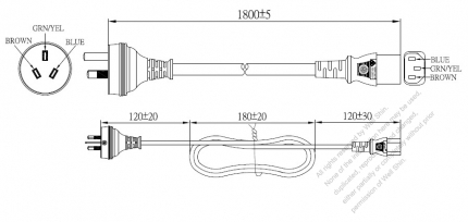 豪州 3 ピン プラグ・IEC 320 C13 コネクタ付き電源コードセット ・ 一体成形 タイプ・ PVC ワイヤー ・ 長さ1.8M・ 黒 ( H05VV-F 3G 0.75mm² )