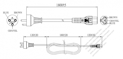 デンマーク 3 ピン プラグ・IEC 320 C5 コネクタ付き電源コードセット・ 一体成形 タイプ・ PVC ワイヤー ・ 長さ1.8M・ 黒 ( H05VV-F 3G 0.75mm² )