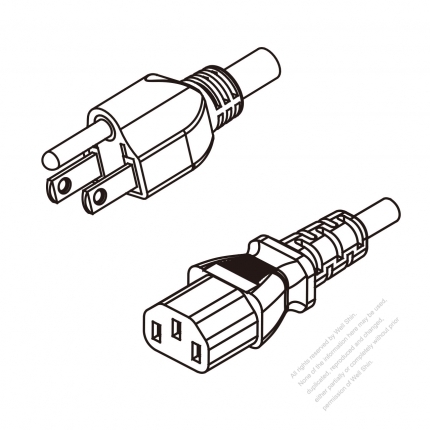 北米3 ピン・  NEMA 5-15P プラグ・IEC 320 C13 コネクタ付き電源コードセット ・ 一体成形 タイプ・ PVC ワイヤー ・ 長さ1.8M・ 黒 (SVT 18/3C/105C )