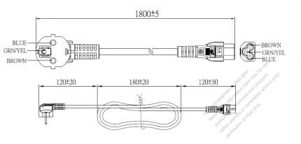 欧州 3 ピン・  アングル型 プラグ ・IEC 320 C5 コネクタ付き電源コードセット・ 一体成形 タイプ・ PVC ワイヤー ・ 長さ1.8M・ 黒 ( H05VV-F 3G 0.75mm² )