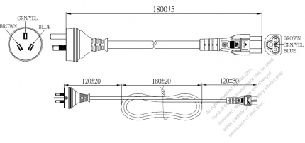 豪州 3 ピン プラグ・IEC 320 C5 コネクタ付き電源コードセット・ 一体成形 タイプ・ PVC ワイヤー ・ 長さ1.8M・ 黒 ( H05VV-F 3G 0.75mm² )
