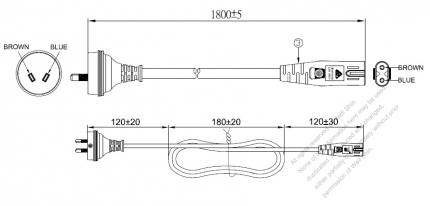 豪州 2 ピンプラグ・IEC 320 C7 コネクタ付き電源コードセット・ 一体成形タイプ・ PVC ワイヤー ・ 長さ1.8M・ 黒 ( H03VVH2-F 2X 0.75mm² )