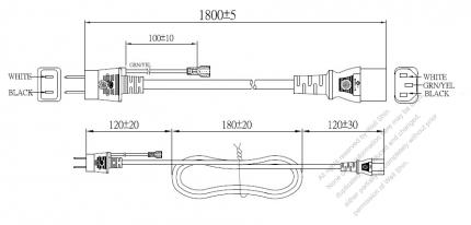 日本3 ピン プラグ・IEC 320 C13 コネクタ付き電源コードセット ・ 一体成形 タイプ・ PVC ワイヤー ・ 長さ1.8M・ 黒 (VCTF 3X 0.75mm² 丸形 )