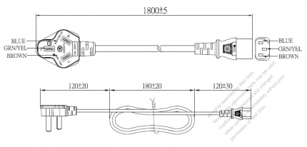 中国 3 ピン プラグ・IEC 320 C13 コネクタ付き電源コードセット ・ 一体成形 タイプ・ PVC ワイヤー ・ 長さ1.8M・ 黒 (60227 IEC 53 3*0.75mm² )