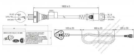 アルゼンチン 3 ピン プラグ・IEC 320 C13 コネクタ付き電源コードセット ・ 一体成形 タイプ・ PVC ワイヤー ・ 長さ1.8M・ 黒 ( H05VV-F 3G 0.75mm² )