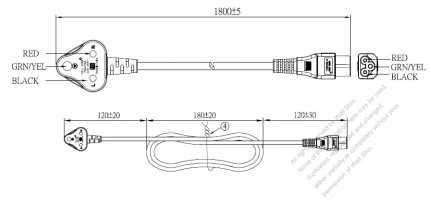 インド 3 ピン・  アングル型プラグ・IEC 320 C5 コネクタ付き電源コードセット・ 超音波組み立て- PVC ワイヤー ・ 長さ1.8M・ 黒 (YY 3G 0.75mm² (丸形)