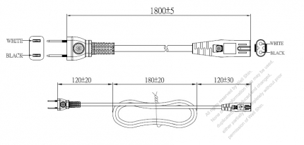 日本2 ピン 半絕緣 プラグ・IEC 320 C7 コネクタ付き電源コードセット・ 一体成形タイプ・ PVC ワイヤー ・ 長さ1.8M・ 黒 (VCTFK 2X 0.75mm² Flat )
